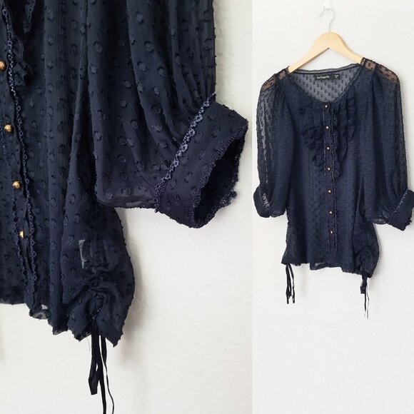 La Chapelle Navy Blue Sheer Chiffon Ruffle Batwing Blouse Top Romantic Coquette - Picture 10 of 15